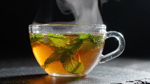 Delicate steam rising from mint tea in a clear glass cup