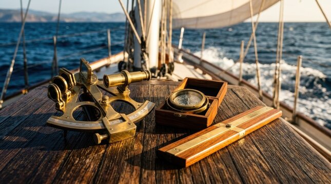 Antique brass sextant and wooden compass on a sailboat deck at sea, inspiring nautical adventure