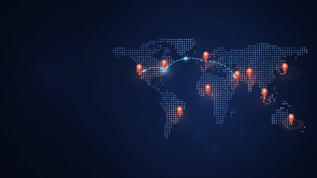 Dotted world map with location pins dropping and dashed flight routes connecting cities, global network 4K animation