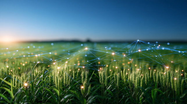 Agriculture tokenization background featuring digital agricultural tokens connected across a blockchain network, tokenized farmland, agricultural commodities, crop tokens, farm