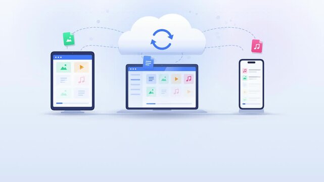 Cloud storage sync animation with files flying between laptop, tablet and phone, flat 4K explainer