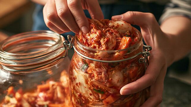 Close-up of a person packing freshly made spicy kimchi into a glass fermentation jar in a domestic kitchen setting.   