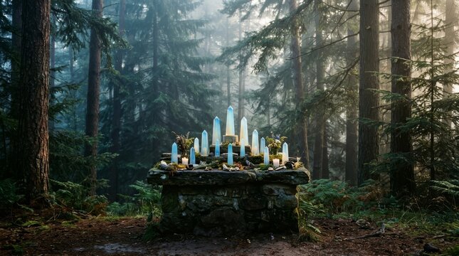 Candles lit on stone altar in misty forest glade