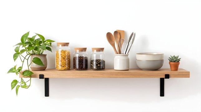 Modern wooden kitchen shelf with glass jars and green plant against a white wall background