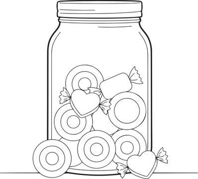Glass jar filled with assorted candies and heart shaped treats for decorative graphic design projects or creative confectionery marketing materials.