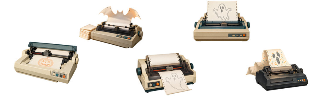 Dot matrix printer with Halloween themed paper printouts