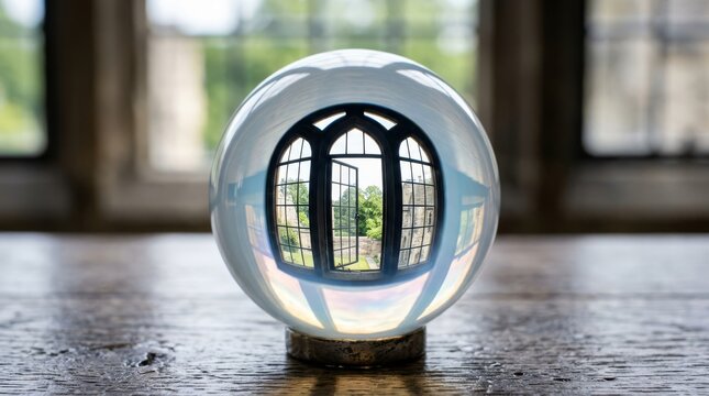 Glass orb reflecting arched window and outdoor scene on wooden surface