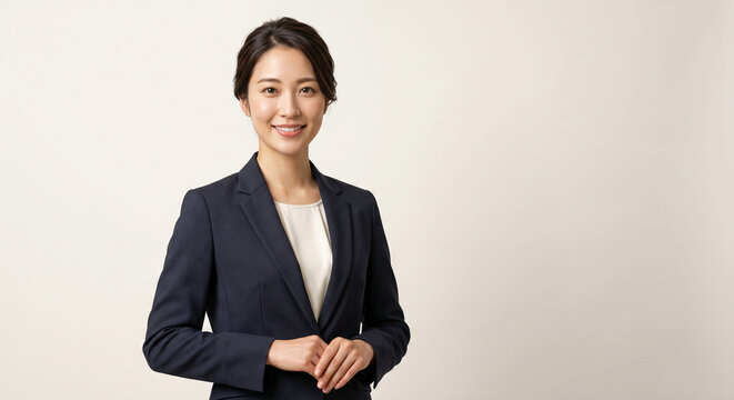 スーツ姿で手を重ねて微笑むビジネス女性と右側の余白