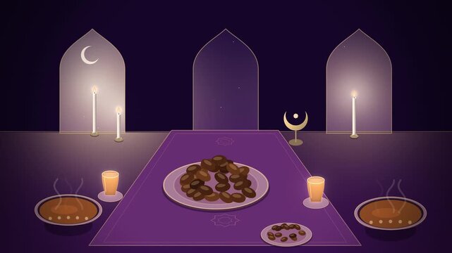 Purple iftar table with dates tea and candles seamless loop
