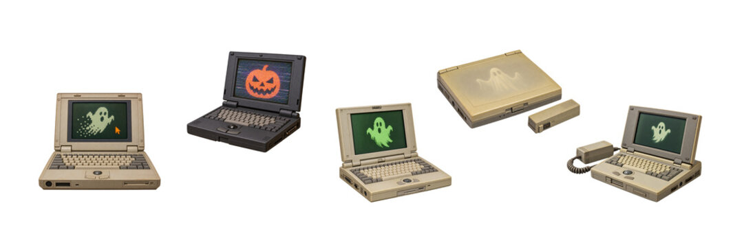 Set of retro 1990s laptop computers with ghost and pumpkin graphics