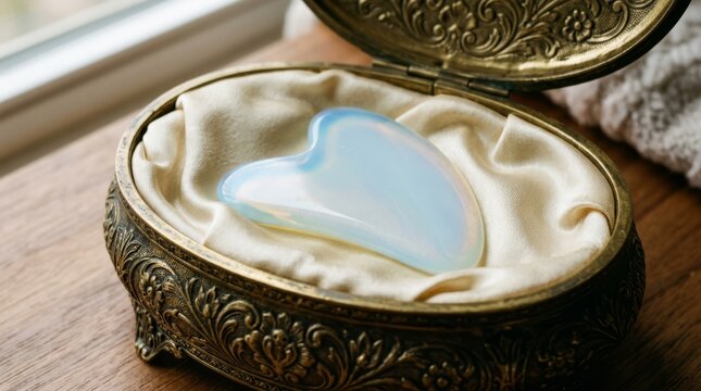 Decorative ornate box holding smooth light blue stone on soft lining