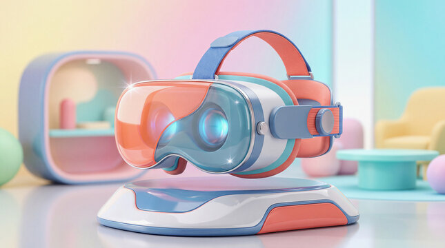 Sleek futuristic VR headset in coral, blue, white and teal on floating reflective base, glowing cyan lens, dreamlike pastel interior with soft geometric furniture and decor.