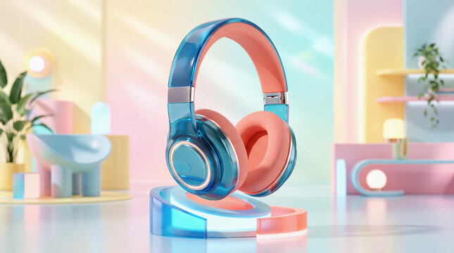 Modern over-ear headphones with blue translucent headband and coral earcups on a glowing display stand in a pastel boutique studio with pink wall and soft daylight.