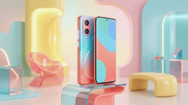 Coral smartphone on transparent acrylic stand in abstract studio, dual-camera back and teal-salmon gradient screen, pastel geometric decor, modern product display.