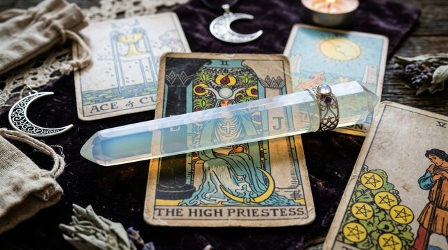 Faceted crystal resting on tarot card during ritual setup