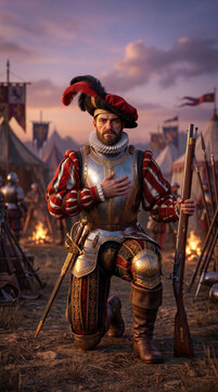 Renaissance Conquistador Soldier in Cuirass Armor Kneeling with Musket in Military Camp