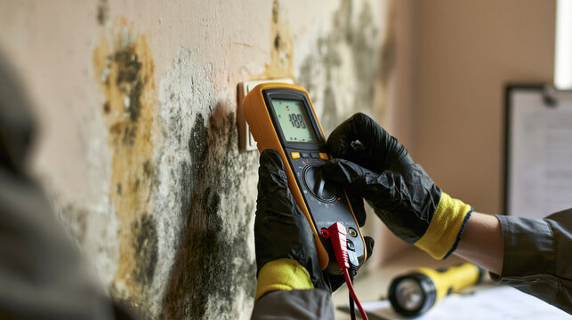 Technician wearing protective black gloves testing an electrical outlet near mold and water damage on a damp wall using a multimeter.