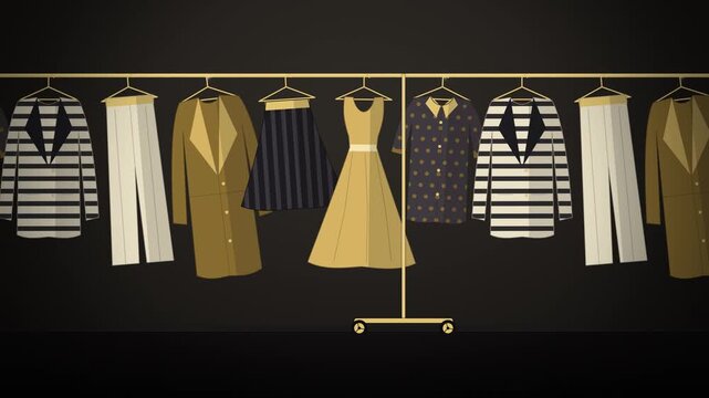 Black and gold clothing rack with dresses coats and striped jackets
