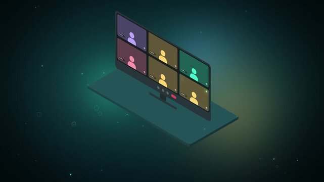 Isometric online interview screen grid with team members on teal
