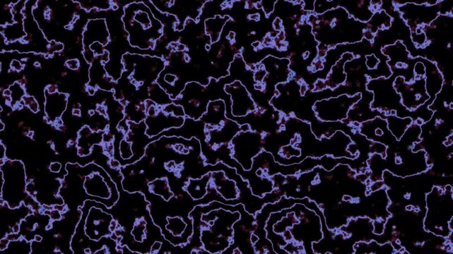 Glowing purple cellular structures form a complex looping pattern against a dark background.