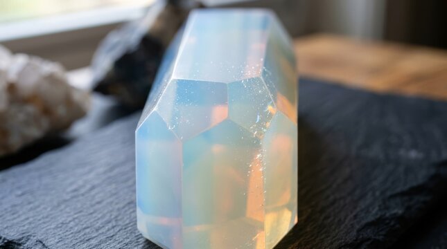 Close up of translucent geometric crystal on dark surface