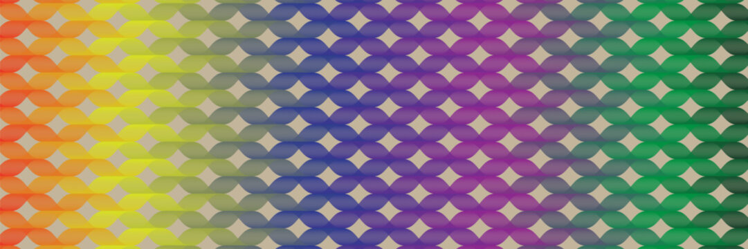Abstract seamless geometric pattern with colorful rainbow gradient interwoven wave lines.