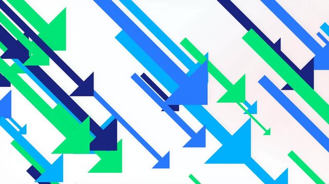 Dynamic abstract background with diagonal blue and green arrows pointing downwards, representing financial decline and market crash, ideal for business presentations and economic reports.