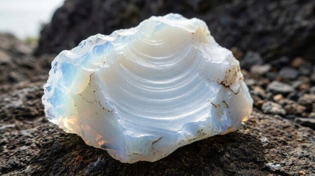 Broken fossilized shell resting on rough natural surface