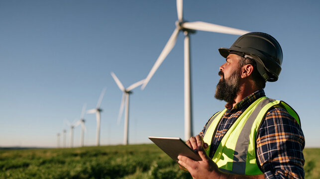 A bearded engineer wearing a safety helmet and high-visibility vest inspects wind turbines on a wind farm using a digital tablet during sunset.   