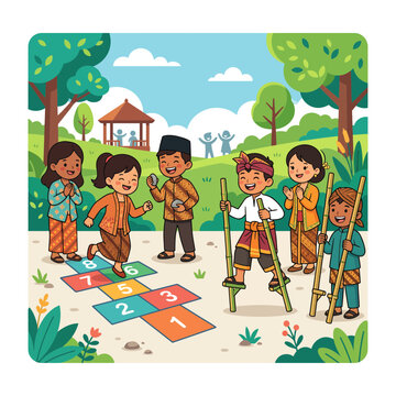 Vector Illustration of Happy Indonesian Children Wearing Traditional Batik and Kebaya Clothes Playing Traditional Games Like Hopscotch and Stilts in a Sunny Park