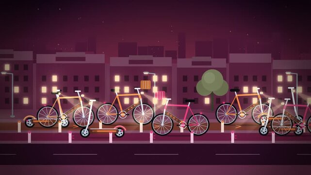 Evening bike lane with orange bikes and scooters seamless loop
