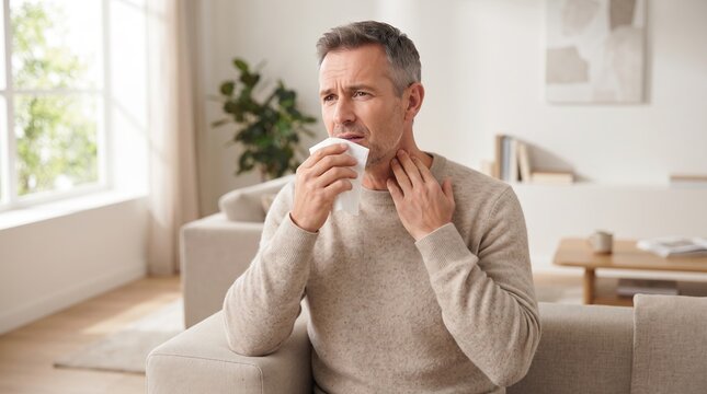 Man holding tissue to mouth and touching his throat at home