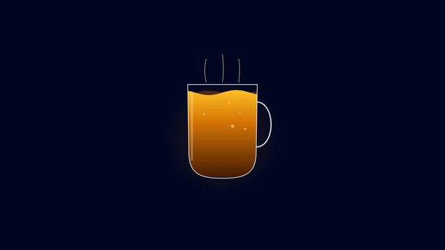 Warm amber liquid filling coffee cup mug icon with rising steam lines loop