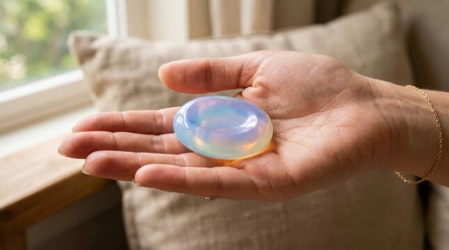 Hand holding colorful opalite stone near window with natural light