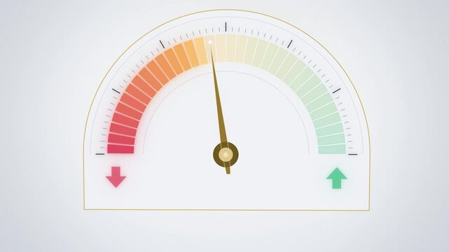 Fear and greed sentiment gauge needle swinging to green on white