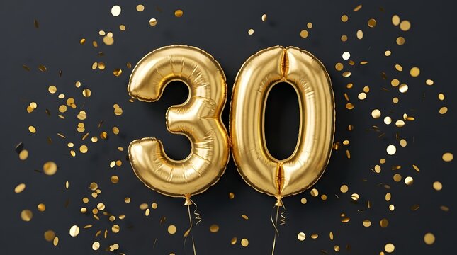 Golden 30th birthday celebration balloons with falling confetti on dark background