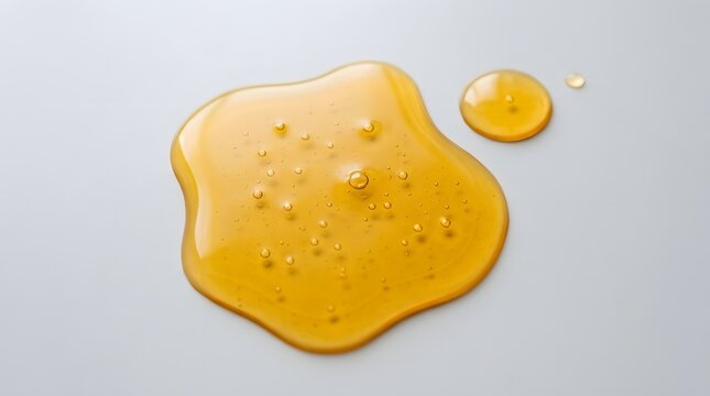 Golden honey or syrup puddle with small bubbles on a light grey background