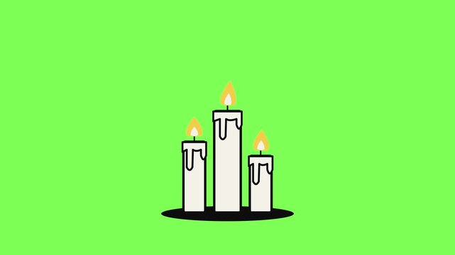 Three white candles with flickering yellow flames and wax drips on green screen. Halloween seamless loop animation, flat vector cartoon, chroma key, Full HD.