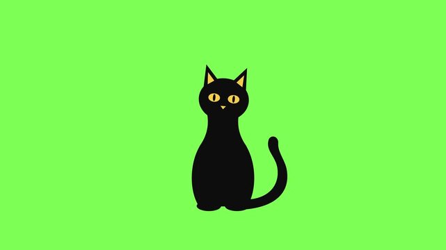Black cat sitting, swaying its tail, tilting its head and blinking yellow eyes on green screen. Halloween seamless loop animation, flat vector cartoon, chroma key, Full HD.