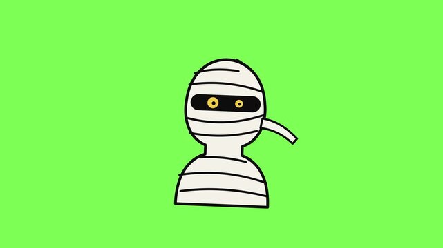Cute Halloween mummy wobbling, blinking yellow eyes and waving a loose bandage on green screen. Seamless loop animation, flat vector cartoon, chroma key, Full HD.