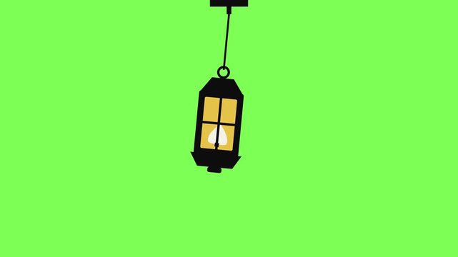 Old black lantern with a flickering flame swinging on a chain on green screen. Halloween seamless loop animation, flat vector cartoon, chroma key, Full HD.