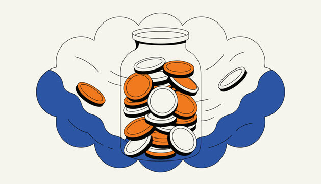 Jar of coins, overflowing, with coins flying out, money saving concept