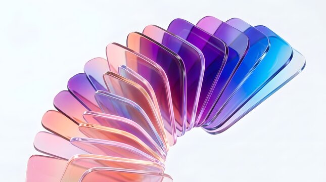 Abstract 3d render of colorful gradient glass square plates in a curved spiral formation isolated on white background
