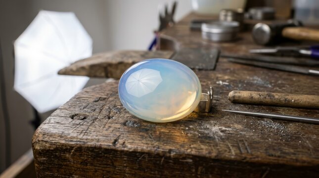 Close up of a polished oval glass bead resting on wooden workbench