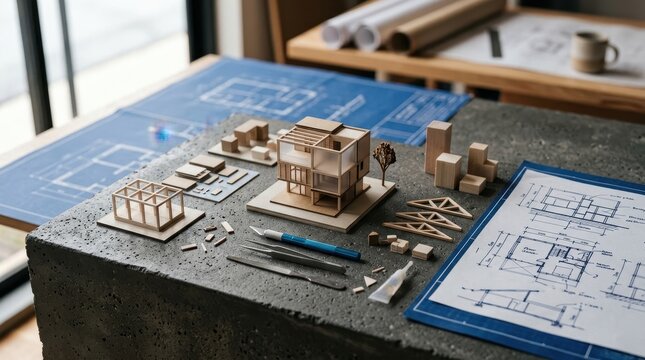 Detailed architectural model building with blueprints, drafting tools, and miniature structures on a workbench