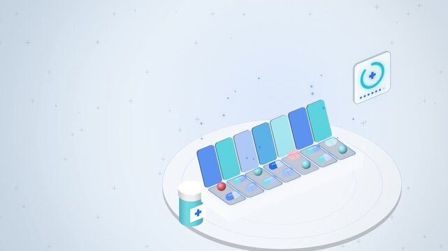 Isometric blue pill organizer with tablets and dosage tracker card