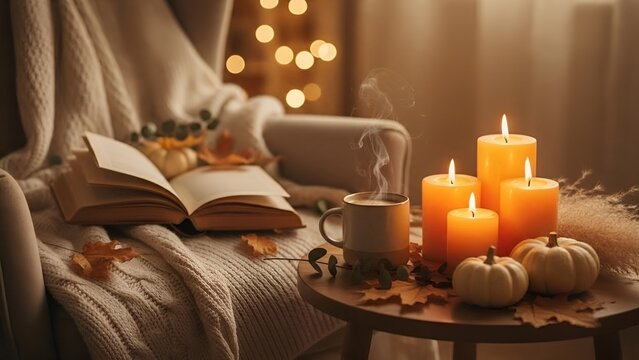 Open book on knit blanket in cozy armchair, steaming coffee cup with white pumpkins and scented candles on wooden table, warm tone autumn indoor background with fairy lights bokeh