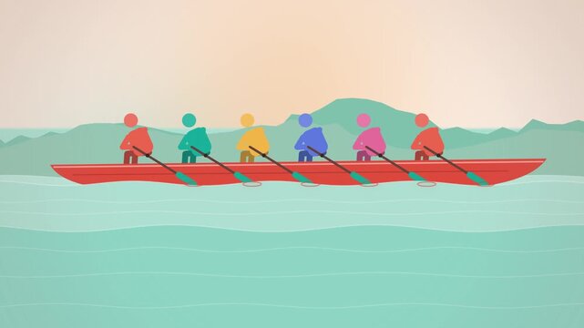 Pictogram crew rowing a red boat on teal water in sync seamless loop