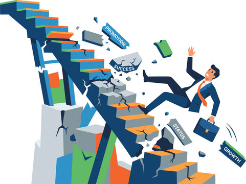 Businessman falling from broken ladder, representing setbacks and challenges in career progression