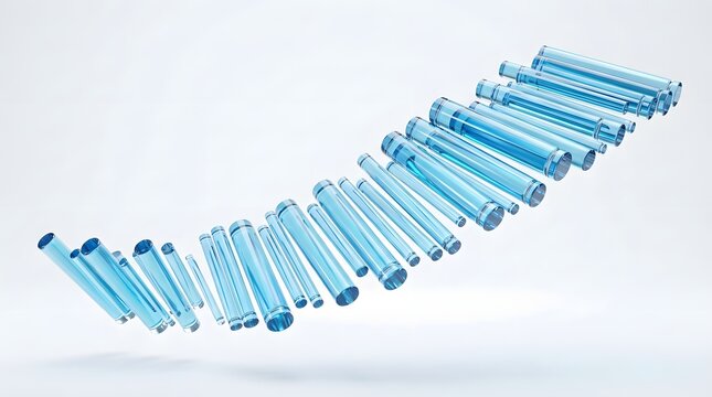 Abstract composition of transparent glass cylinders arranged in a diagonal pattern isolated on white background